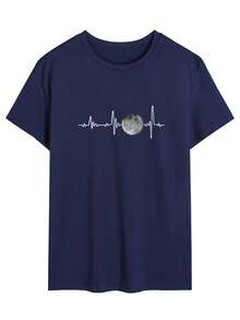 Blusa casual de cuello redondo de manga corta con estampado gráfico y corte holgado - Azul Marino - Ver 3