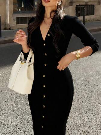 Yuwenier 优雅 V 领长袖修身罗纹针织灰色长款针织毛衣连衣裙，纽扣前襟，常规下摆，适合秋冬季日常休闲穿着