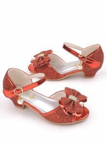 Girls' Crystal High Heel Sandals With Bow, Purple Glitter Princess Dress Shoes For Wedding, Party, Flower Girl, Christmas, Casual Wear With Princess Dress - 紅色 - 查看 3