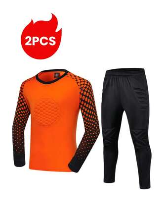 2pcs/Set Soccer Goalkeeper Jersey With Elbow Pads, Suitable For Running, Training, And Matches - Long Sleeve Colorblock Striped Breathable Quick-Dry T-Shirt + Goalkeeper Pants With Protective Elastic Waist For Training And Games