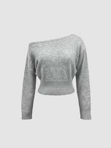 Sexy Asymmetric Neck Oblique Collar Knit Sweater, Comfortable & Elegant, Suitable For Dating, Casual, Travel In Autumn/Winter