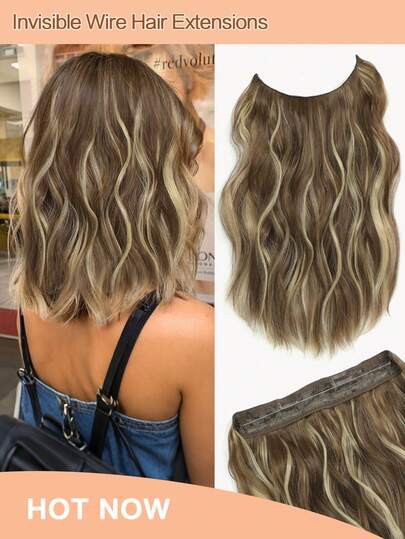 12inch Hair Extension Wavy Clip In Hair Extensions Invisible Wire Brown With Golden Highlights Synthetic Hair Pieces For Women Daily Wear