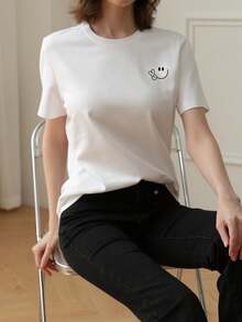 女士休闲百搭图案印花圆领短袖 T 恤，夏季新品