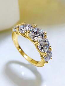 XUJIA 1pc 5-Stone Ring, Women's Round Cut Moissanite Engagement Ring, 925 Sterling Silver, D-E Color, VVS1 Clarity, 6.5mm, 6mm And 5mm Moissanite, Anniversary Wedding Band, Jewelry Gift - Yellow Gold - View 6