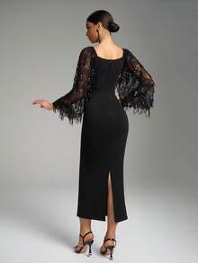Fuaheng Sweetheart Neck Fringe Sequins Lantern Sleeve Midi Evening Party Cocktail Dress - Black - View 3