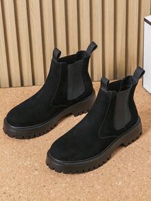 男士切尔西靴，一脚蹬圆头踝靴，欧式厚底工作靴，黑棕麂皮高帮靴，复古摩托靴，适合户外徒步和驾驶的复古休闲高帮鞋，哑光办公日常鞋，透气轻便防滑四季特大码男鞋38-46，商务正装办公踝靴 - 黑色 - 查看 2