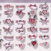 10Pcs Exquisite Pink Synthetic Zirconia Heart Love Butterfly Rings Set For Women Mix Style Fashion Open Adjustion Finger Jewelry Party Gifts