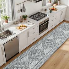 Washable Area Rug 5x7 - Soft Faux-Wool Area Rug Living Room Bedroom, Boho Vintage Floral Medallion Non-Slip Low Pile, Pet Friendly, Blue White - 灰色米色 - 查看 2