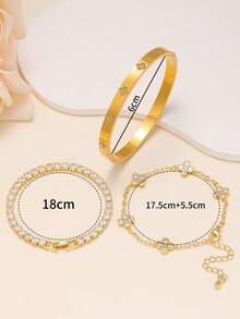 Elegant Luxury Clover Zirconia Inlaid Bangle Bracelet Set, Stainless Steel, Versatile, Suitable For Daily Wear And Gift - Yellow Gold - View 8