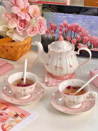 1set Cute Pink Rabbit Ceramic Coffee Cup & Saucer Set, Hand-Painted Floral Glazed Mug With Handle, Suitable For Milk, Juice, Beverage, Coffee, Latte, Great For Home, Cafe, Restaurant, Couple Gift