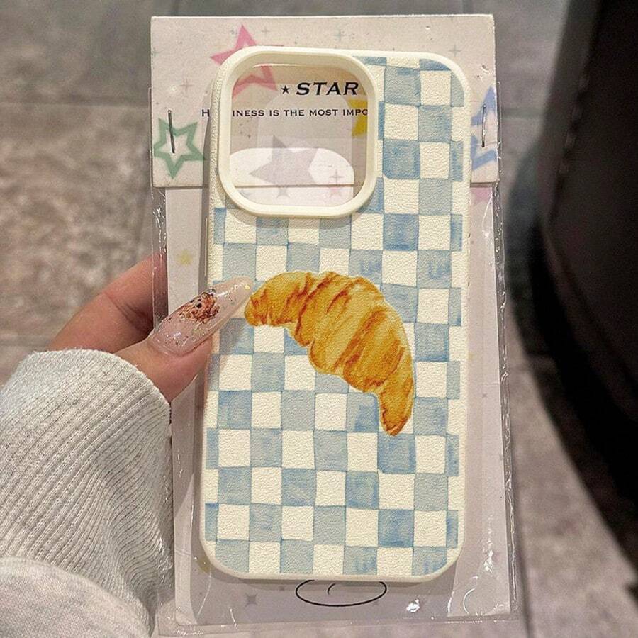 1pc TPU Material Fresh Cow Horn Design Plaid Pattern Phone Case Compatible With IPhone 17 Pro Max/17/16 Pro Max/15/13/12/11, S20 FE/A15/S24/A55, Compatible With Redmi Note 11/Note 12/Note 13 Pro, Full Coverage Anti-Drop Soft Protective Cover,International Version, Not The Domestic Version - White - View 1