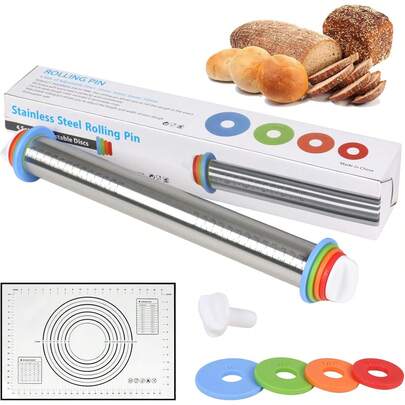 Rodillo para Masa Ajustable con 4 Discos, Rodillo de Repostería Antiadherente, Acero Inoxidable 304, para Hacer Pasteles, Galletas, Pizza, para Cocina Casera y Profesional