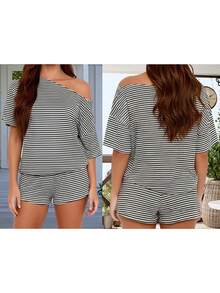 Women Summer Pajama Set Solid Color Off Shoulder Short Sleeve Tops And Mini Shorts 2 Piece Lounge Outfit - Dark Grey - View 3