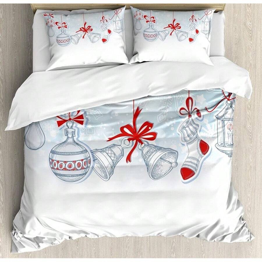 Winter Duvet Cover Set, Merry Theme Delicate Snowflakes, Vintage Holiday Pattern, 3 Piece Bedding Set With 2 Pillow Shams, Size, Teal White - White Orange - View 1