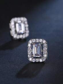 1 Pair Luxury Fully Paved Cubic Zirconia Stud Earrings, Personalized Chic Elegant Design, Suitable For Festivals, Parties, Gifts, Christmas, Versatile Earrings - Square - View 6
