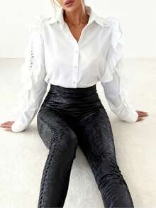 Women's Ruffle Lace Splice Turndown Collar Button Elegant Design Elegant Long Sleeve Blouse - 白色 - 查看 5