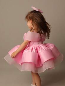Baby Girl Cute Bow Off Shoulder Strap Tulle Princess Dress, Puff, Wedding, Flower Girl, Birthday Party, Gathering - Pink - View 7