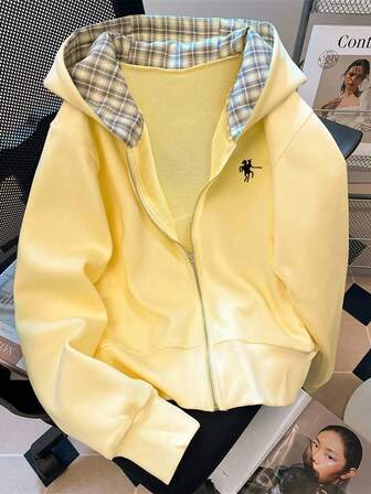 Sudadera con capucha de moda de estilo casual, de manga larga, con estampado de cuadros, cremallera y letras para damas