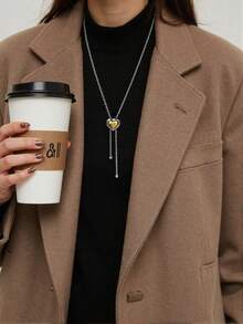 1 件时尚优雅的不锈钢心形多色水钻 Y 形流苏项链，可调节百搭女士项链，适合朋友、家人、派对礼物、日常佩戴 - 彩色 - 查看 9