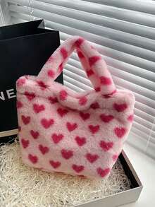 Girly Pink Heart Plush Handbag: Sweet Style Cute Plush Bag, Autumn & Winter Fashion Accessory Purse For Girls