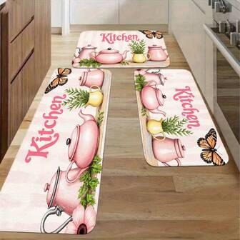 Bright Tidy Kitchen Decor Set - White Cabinetry With Gold Handles, Stainless Steel Kitchenware, Pink Whimsical 'Kitchen' Mat With Teapots Herbs Butterfly, Light Wood Floor, Outdoor View Through G