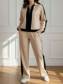 Áo thun dài tay cổ tròn màu trơn tối giản dành cho nữ, kết hợp với áo thun dài tay cổ đứng màu trơn tối giản dành cho nữ, phù hợp cho mùa xuân và mùa thu - Màu be - Xem 4