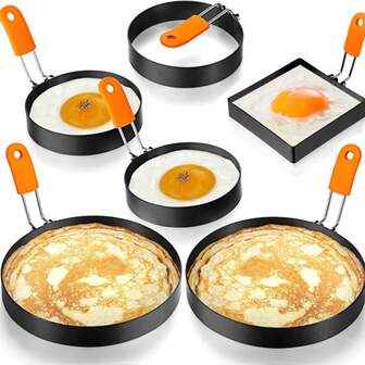 1/6件套鸡蛋模具煎饼模具套装，不锈钢鸡蛋模具煎饼成型器，带硅胶手柄，适用于早餐煎蛋卷三明治（方形、圆形，4.33英寸、2.95英寸、3.54英寸、3.94英寸、5.91英寸、7.87英寸）