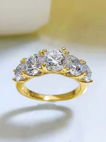 XUJIA 1pc 5-Stone Ring, Women's Round Cut Moissanite Engagement Ring, 925 Sterling Silver, D-E Color, VVS1 Clarity, 6.5mm, 6mm And 5mm Moissanite, Anniversary Wedding Band, Jewelry Gift - Yellow Gold - View 4