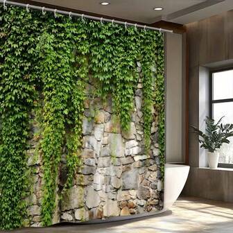 1pc Green Vine Stone Wall Pattern Shower Curtain, Waterproof Shower Curtain With Hooks, Bathroom Partition, Bathroom Accessories, Home Decor