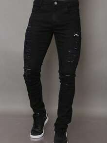 Calça Masculino Preto Rasgado de Sarja Estilosa - Preto - Visão 5