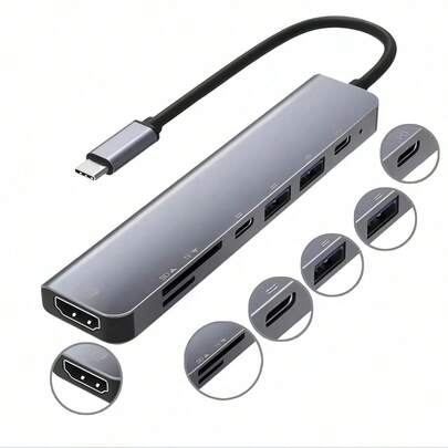 Adaptador Tipo-C 7 em 1 – Vídeo 4K, USB 3.0, Leitor SD/TF e Conexão de Alta Performance para Notebooks