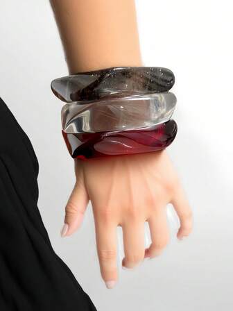 1 Set Of 3 Vintage Asymmetrical Geometric Resin Transparent Bracelets For Women, Suitable For Daily Wear And Formal Occasions