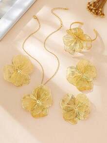 3pcs/Set Vintage Elegant Metallic Gold Textured Floral Pendant Necklace & Earrings Set, Suitable For Women's Daily, Party, Holiday, Gift - 黃金 5 - 查看 5