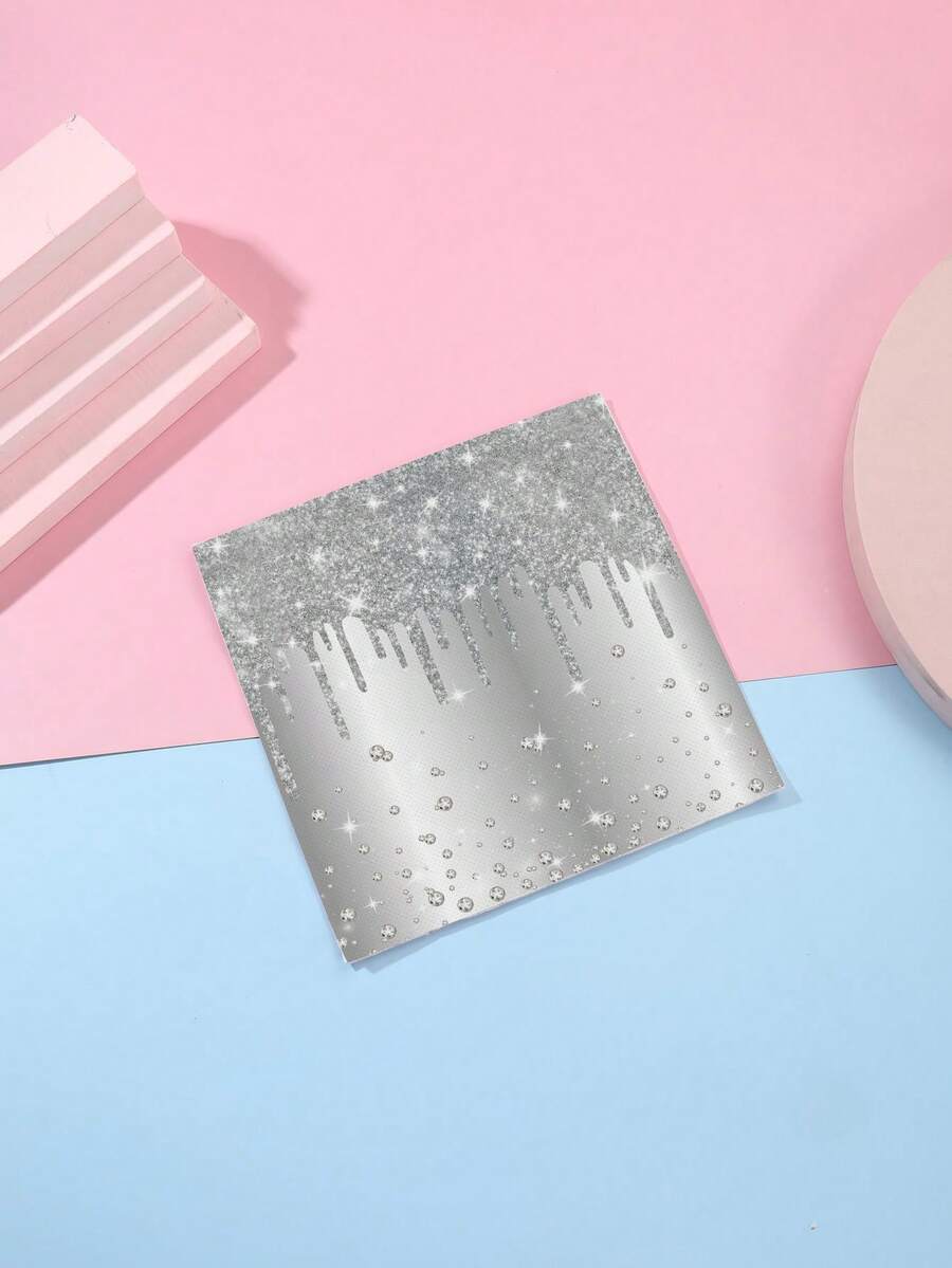 48pcs 13"X13" Silver Glitter Diamond Theme Napkins - Luxury Silver Glitter & Diamond Print, Paper Material, High-End Elegant Style, Suitable For Birthday Party, Wedding, Anniversary Celebration And Daily Use - Multicolor - View 1