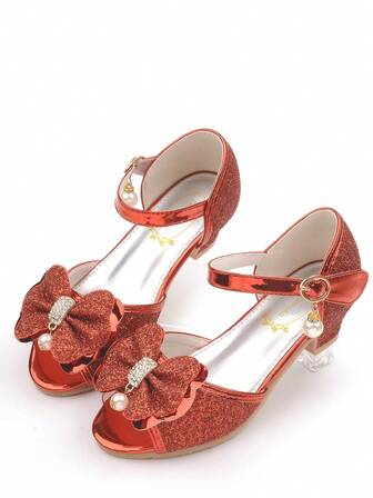 女童水晶高跟凉鞋，带蝴蝶结，紫色亮片公主裙鞋，适合婚礼、派对、花童、圣诞节、日常穿着搭配公主裙