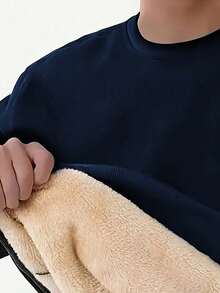 Sweatshirt Pullover Pria Bergambar Wajah Tersenyum dengan Lapisan Termal, Hangat untuk Musim Gugur/Dingin - Navy Blue - View 4