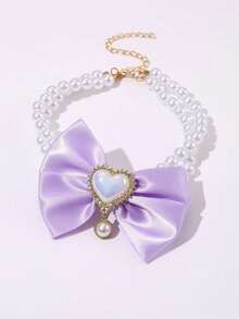 1pc Medium/Small Pet Double Layer Pearl Necklace, Cute Heart-Shaped Bow Pearl Princess Style Pet Collar - Mauve Purple - View 2
