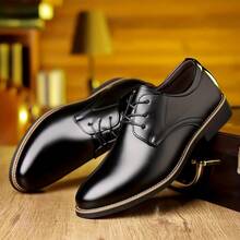 Men's Faux Leather Lace-Up Dress Shoes - Stitched Accent & Trimmed Sole Comfortable Polished Footwear For Office, Business & Formal Occasions - 黑色 - 查看 4