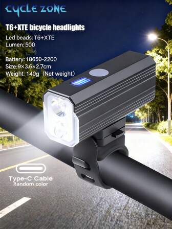 500 Lumens Bicycle Front Light, Mountain Bike Night Riding Lamp, Aluminum Alloy Material With Battery Level Display, High/Low Beam, Type-C Rechargeable, Detachable And Durable For Cycling Illumination