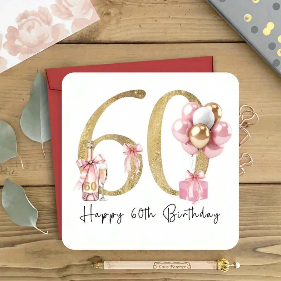 Elegant 60th Birthday Card With Champagne And Balloons - 