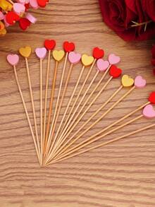 100pcs Heart-Shaped Bamboo Cocktail Picks (Random Color), Heart-Shaped Toothpicks, Suitable For Appetizers, Snacks, Desserts, Fruits, Vegetables, Sandwiches, Cheese, Sausages, Can Be Used As Party Decorations, Also Suitable For Birthday Parties, Weddings, Gender Reveal Parties, Home Decor Fruit Picks, Also Suitable For Weddings, Valentine's Day And Mother's Day Theme Birthday Party Cake Decoration. - Multicolor - View 8
