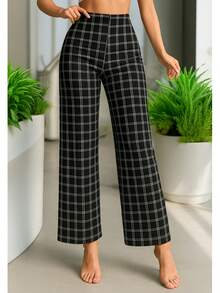 Pantalón Formal Acampanado con Detalle de Pinzas al Frente. - Cuadros Negro - Ver 1