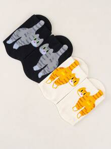 2双春秋季可爱女生日常外出吸睛猫屁股装饰柔软透气卡通风格短袜休闲穿搭闺蜜聚会猫咪袜 - 黑與白 - 查看 9