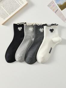 4 đôi tất ngắn nữ màu đen trắng có bèo nhún và nơ, thoáng khí và thoải mái, phù hợp cho mọi mùa. - Đen và trắng - Xem 6