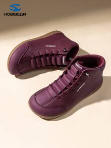 HOBIBEAR 女士时尚踝靴，简约皮革鞋面高帮运动鞋，套穿式弹力鞋带，舒适柔软鞋底，轻便鞋款，圣诞礼物 - 酒紅色 - 查看 6