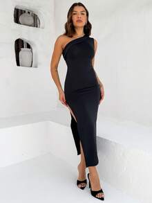 Long, Sleeveless Black Knit Dress, Form-Fitting, With An Asymmetrical Neckline And Thigh Slit, Ideal For Evening Occasions. - 黑色 - 查看 4