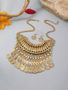 Bộ vòng cổ tua rua đồng xu chạm khắc cổ điển, phụ kiện thường ngày cho tiệc tùng, bãi biển - Màu Bạc Cổ - Xem 7