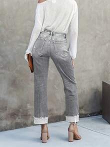 Elegant Women's Straight-Leg Jeans With Button, Zipper, Pockets And Distressed Details, Suitable For Party Or Casual Everyday Wear Spring - Light Grey - View 3