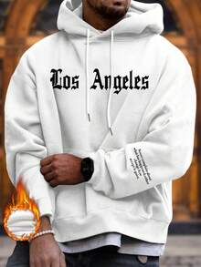 男士洛杉矶字母图案口袋连帽卫衣，秋冬新款 - 白色 - 查看 1