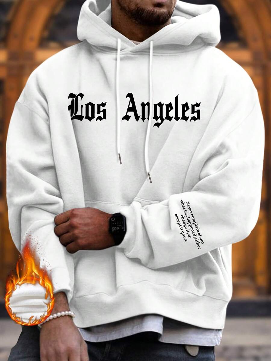 男士洛杉矶字母图案口袋连帽卫衣，秋冬新款 - 白色 - 查看 1
